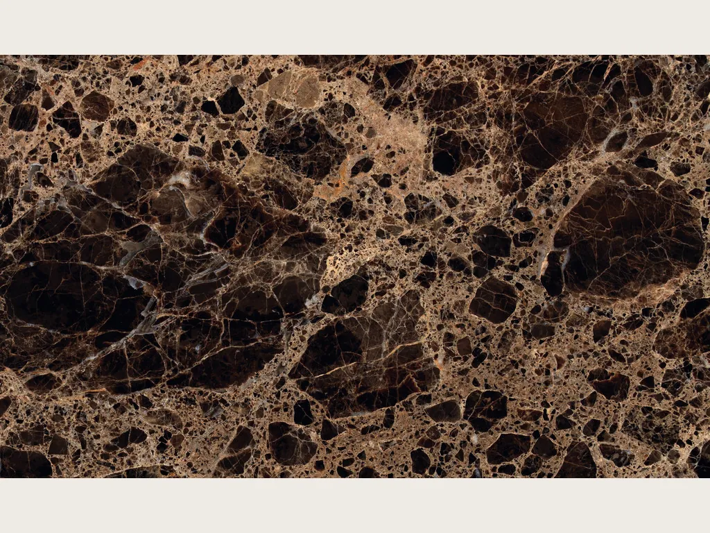 Emperador Dark marble slab: almost black dark brown patches joined by a dense web of beige veins