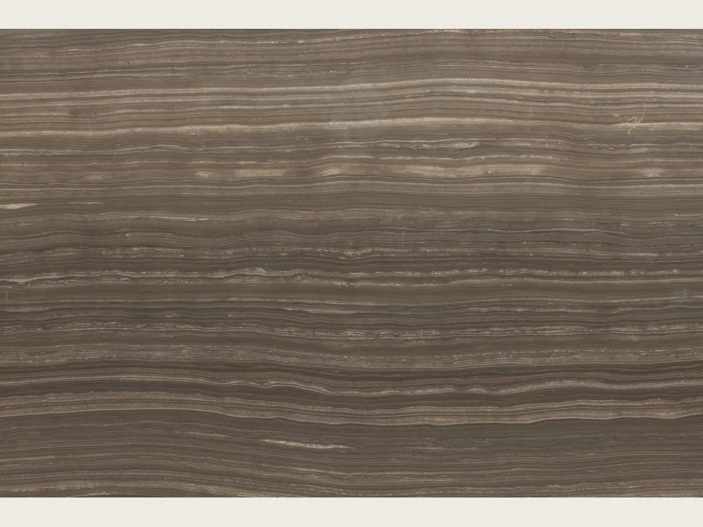 Eramosa marble slab: grayish brown background with fine, parallel horizontal beige lines