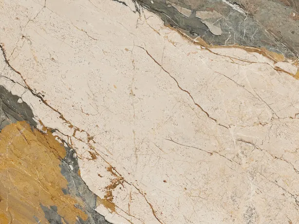Detail of beige Etna marble: diagonal bands of greenish gray, ochre and rust red with fine dark cracks