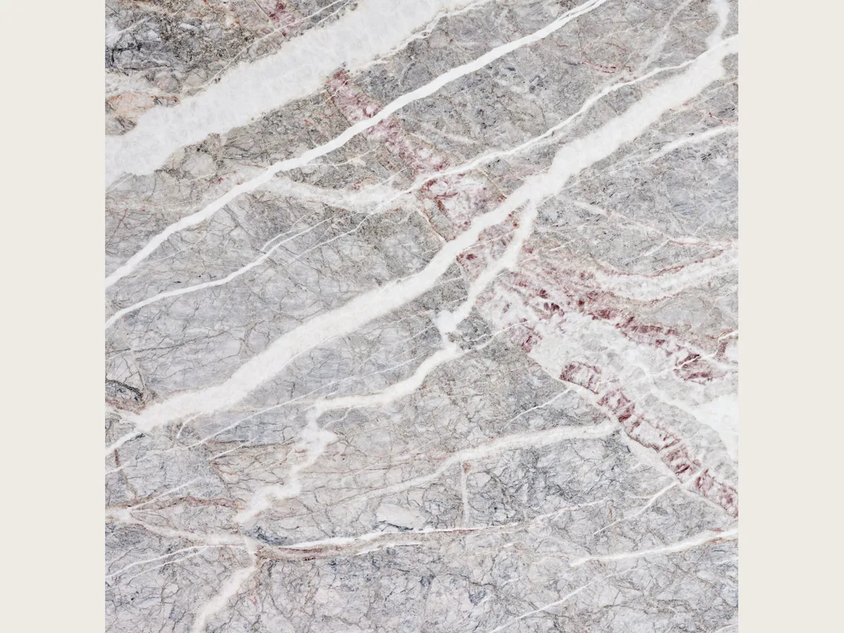 Gray Fior di Pesco Carnico marble slab: thick white veins running diagonally and wine-colored veins over medium gray