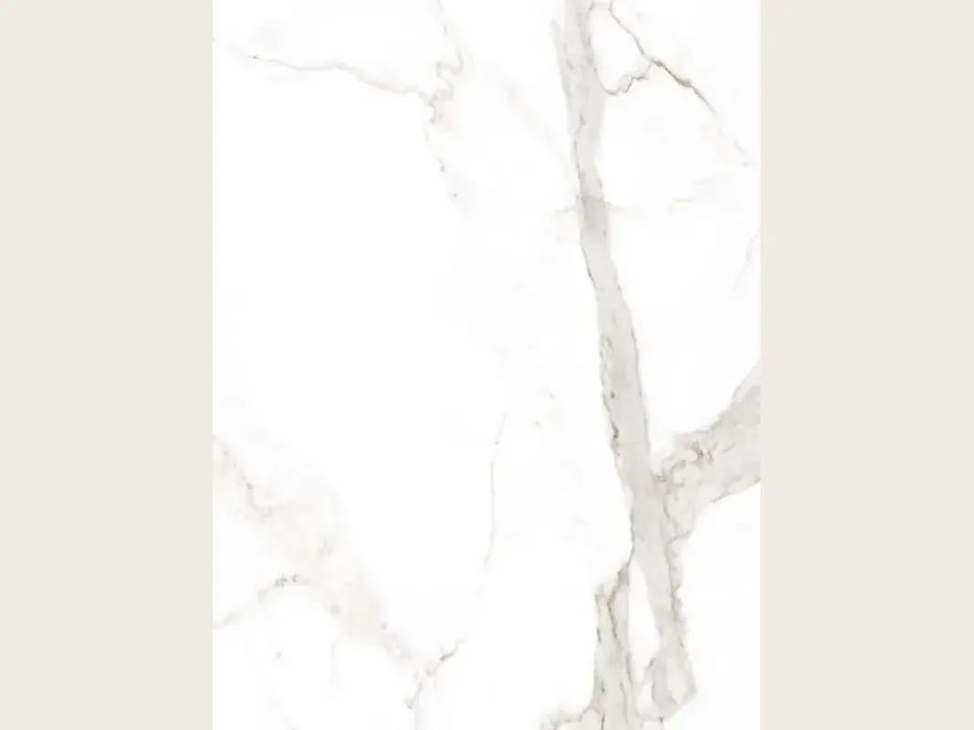 White Geneva marble slab: pure white background with a wide vertical gray vein and a few fine branches