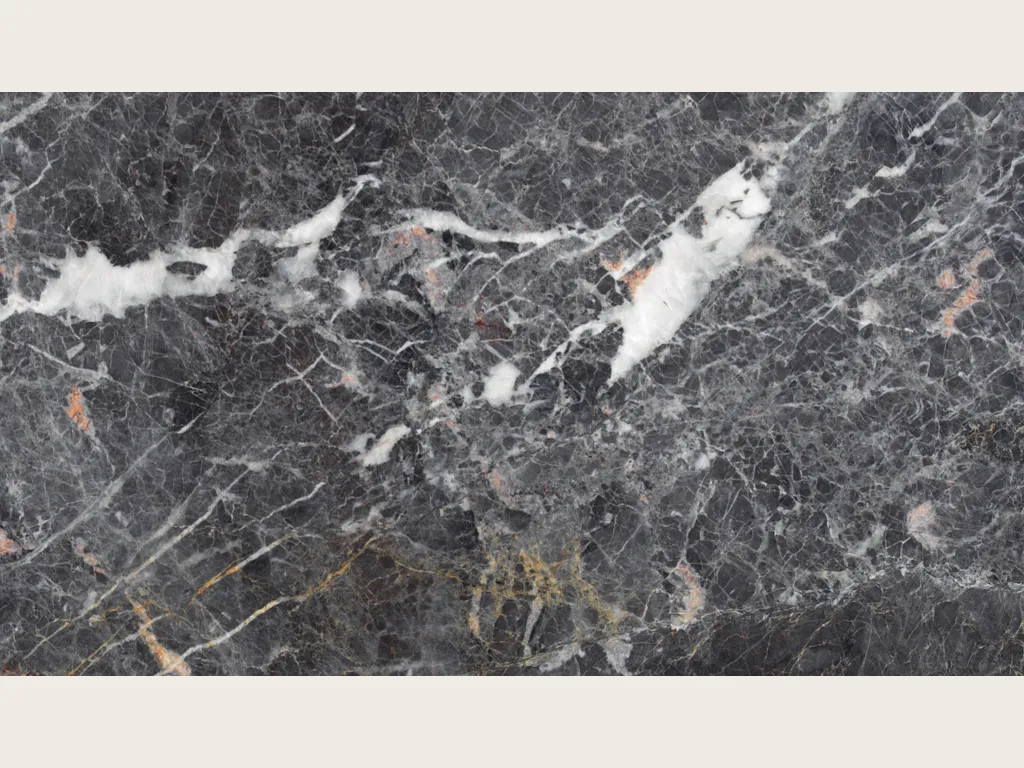 Grey Saint Laurent gray marble slab: charcoal gray background with elongated white patches and a fine network of light veins