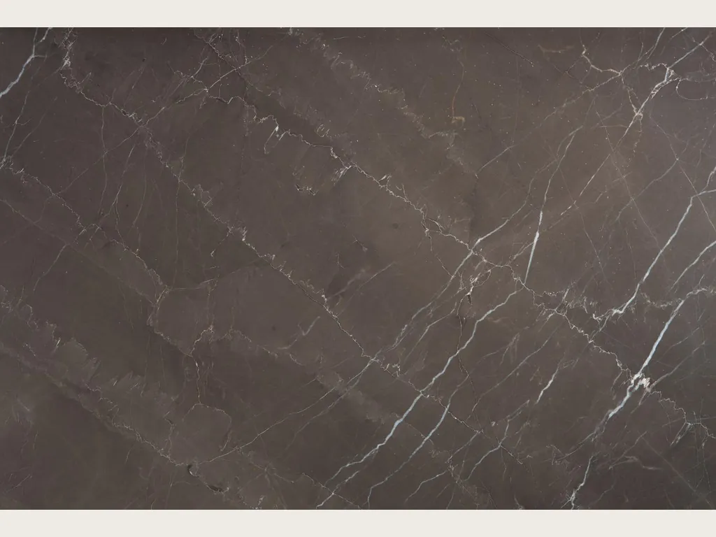 Grigio Amani marble slab: dark taupe-brown background with a fine diagonal net of white veins