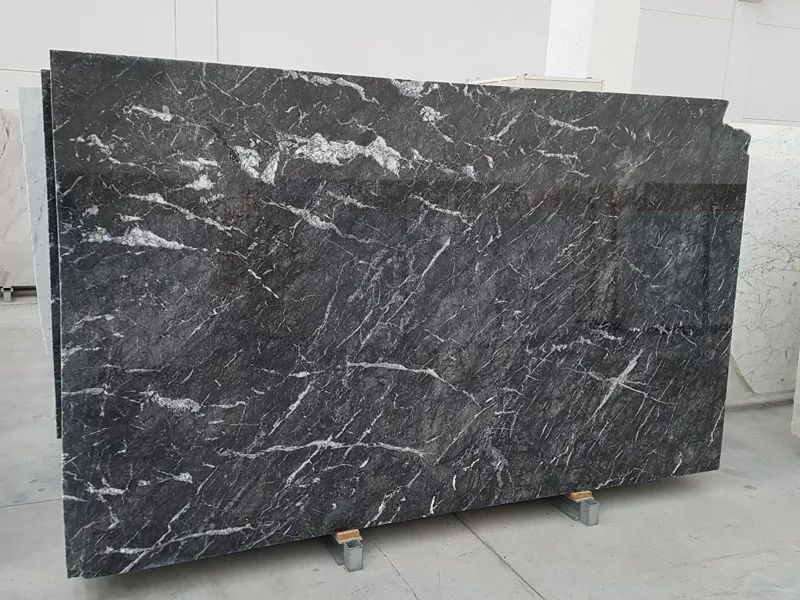 Black Grigio Carnico marble slab: gray-black background with branching white veins and a faint gray web (another slab)