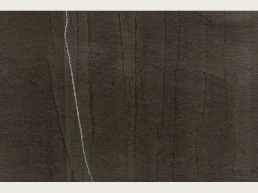 Grigio Tao marble slab: dark brown background with faint vertical lines and a fine white vein