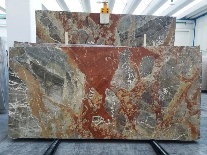 Gray Macchia Vecchia marble slab: greenish gray fragments joined by large rust-red patches and white veins