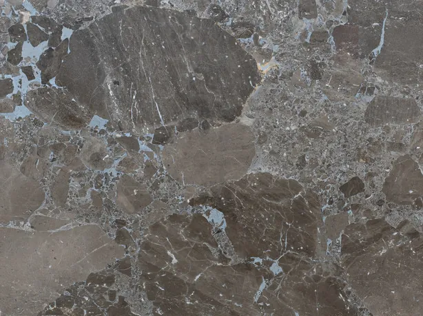 Close-up of gray Moon Grey marble: the angular fragments and the blue-gray matrix with fine veins