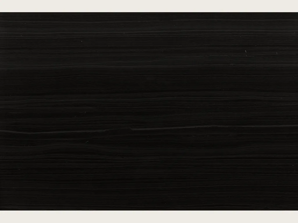 Nero Pagoda marble slab: black background with fine horizontal gray lines, bright polish.
