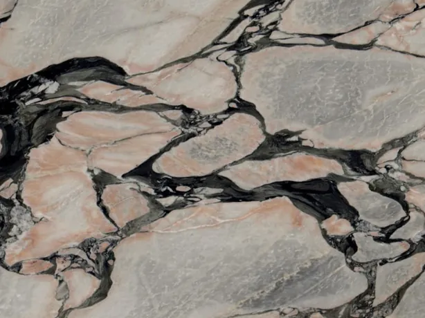 Detail of gray Notre Dame marble: sinuous black veins wrapping gray and pink fragments