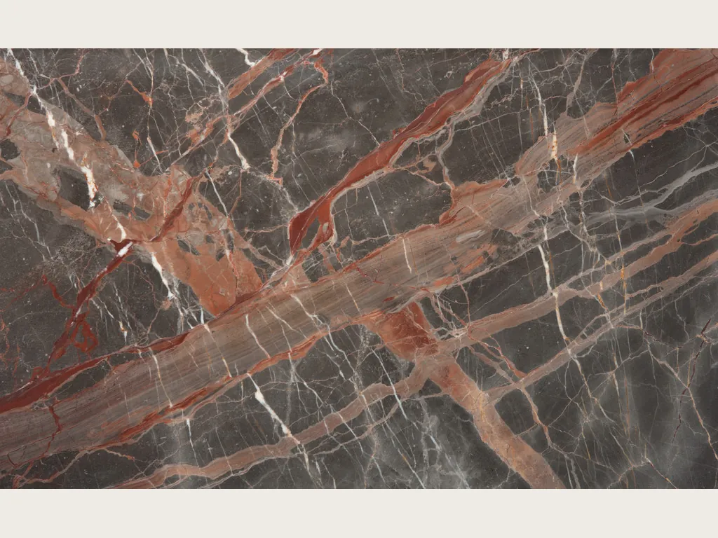 Brown Ombra di Caravaggio marble slab: wide terracotta veins and fine white veins over dark gray-brown