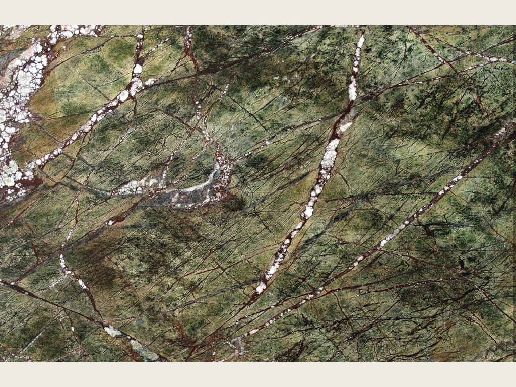 Slab of green Picasso Green marble: fine network of reddish brown veins and white brecciated veins over an olive green background