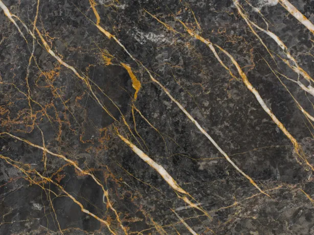 Black Port Laurent marble detail: parallel gold and white veins on the polish