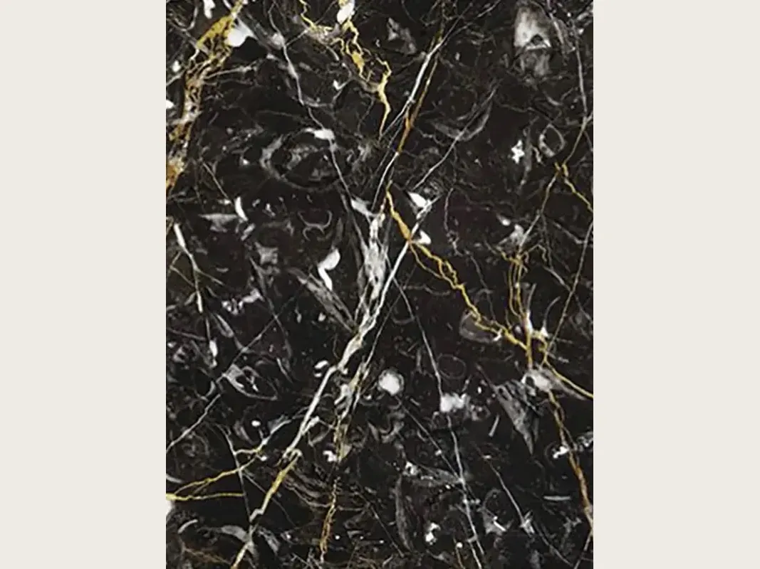 Black Prometeus marble slab: black background with crossed white and gold veins and some white swirls