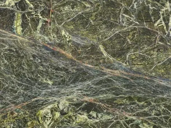 Rainforest Green Marble slab: dark green with a dense web of yellow-green and reddish veins