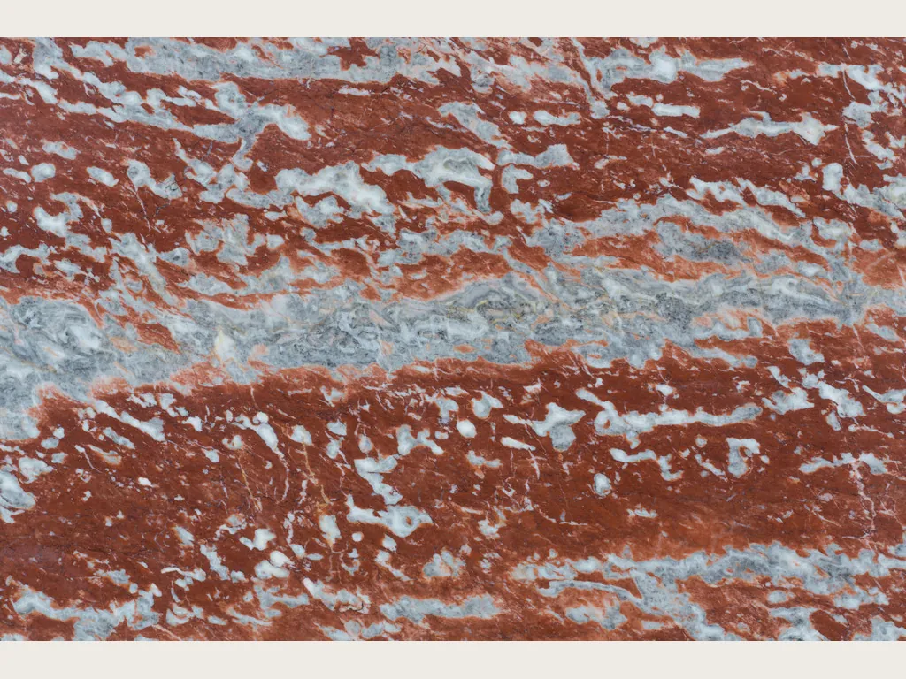 Rosso Francia marble slab: horizontal red stripes alternating with blue-gray and white bands