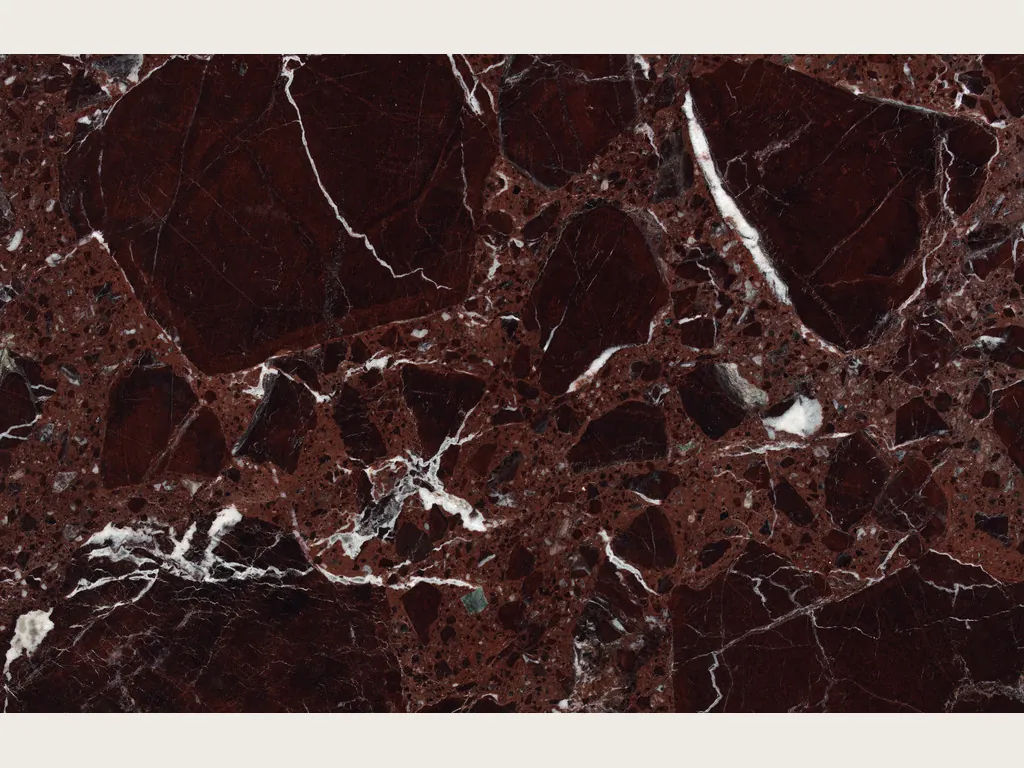 Slab of red Rosso Lepanto marble: intense red fragments separated by a dense network of white veins (another slab)