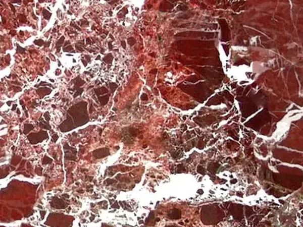 Slab of Rosso Lepanto Marble: intense red fragments separated by a dense network of white veins