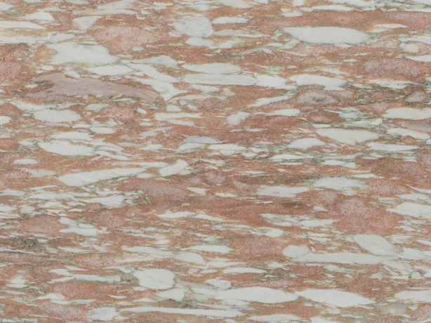 Detail of Rosa Norvegia marble: white and gray brushstrokes over the polished salmon pink