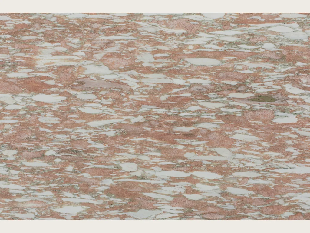 Slab of Rosa Norvegia marble: salmon pink background with long horizontal white and gray strokes