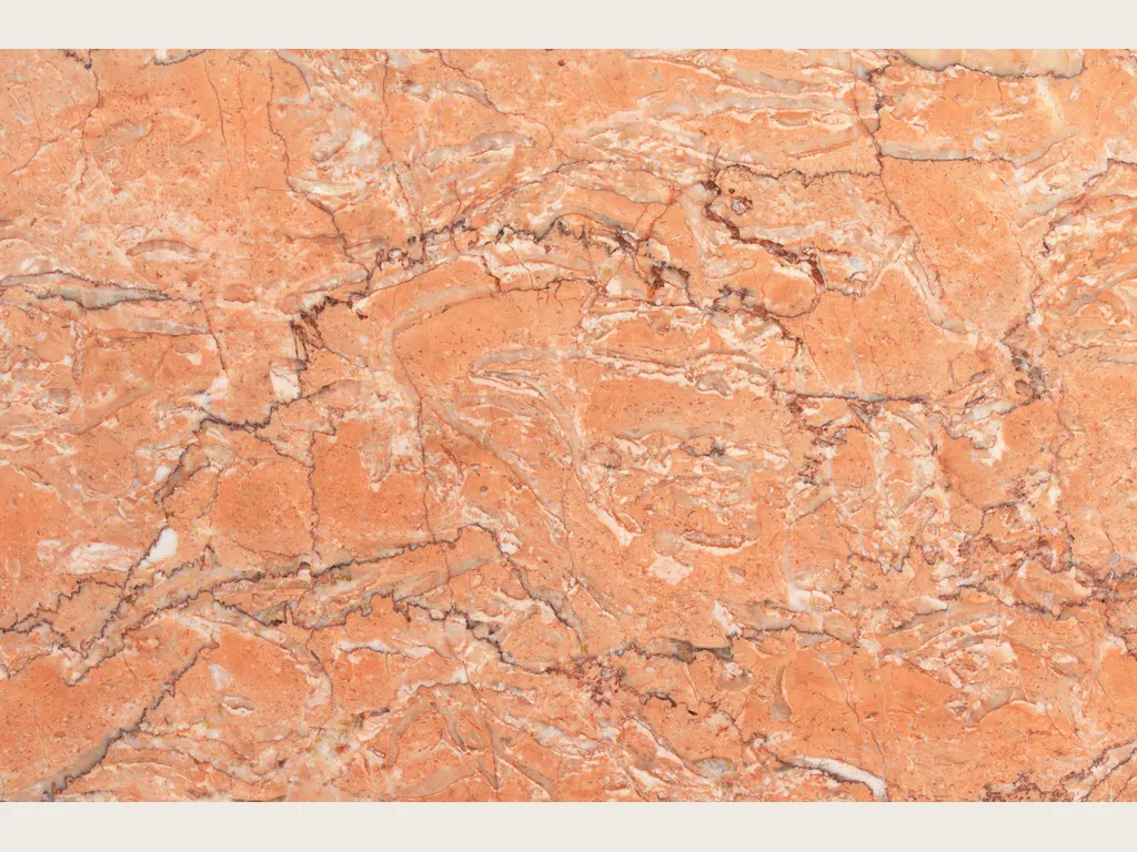 Slab of Rosa Sabrina Marble: salmon-orange background with a dense network of fine white and reddish-brown veins