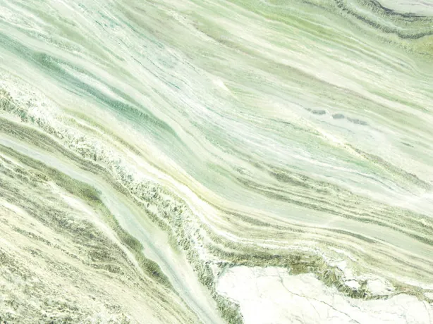 Close-up of the Sequoia Green slab: the green, white and gray bands with the shine of the polish