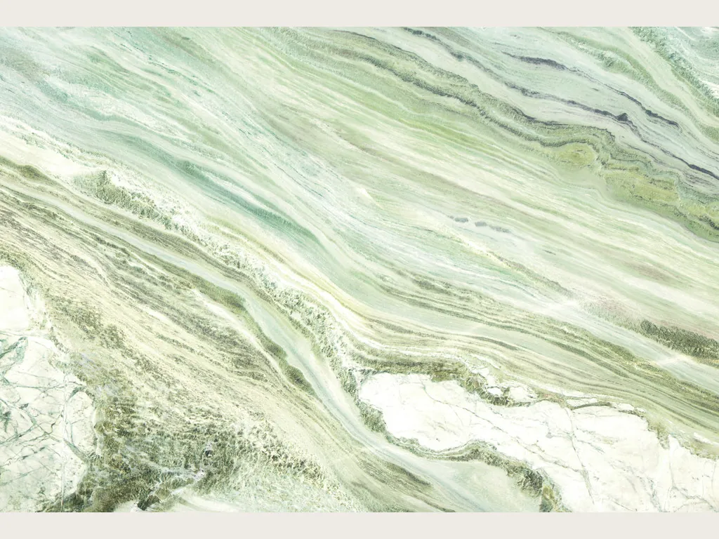 Slab of Sequoia Green green marble: wavy bands of light green, white and gray running diagonally