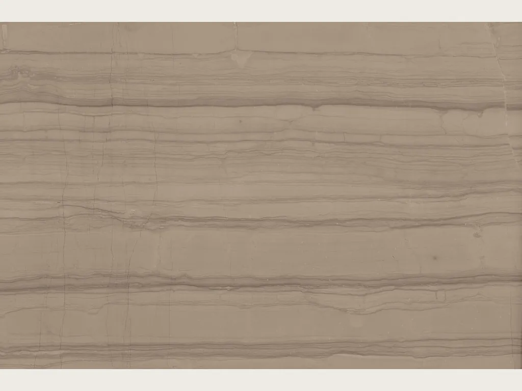 Slab of beige Striato Elegante marble: taupe beige background with fine horizontal lines in grayish brown and cream