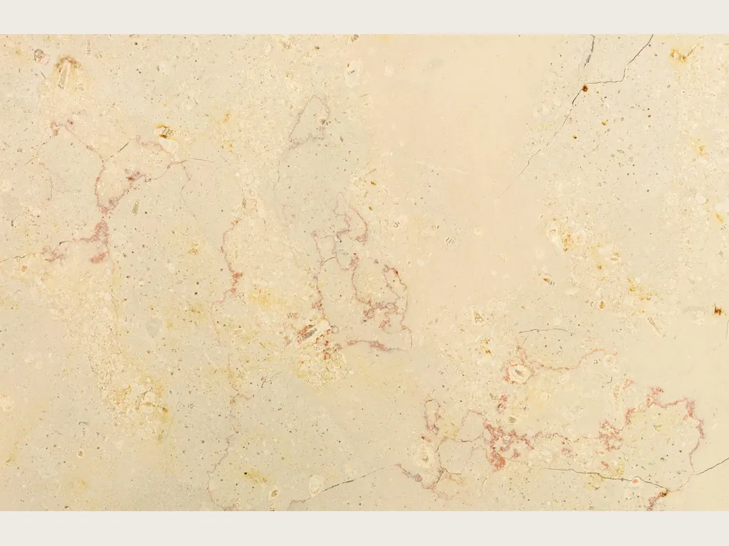 Slab of Trani Filetto Rosso marble: yellowish cream background with fine wavy reddish filaments