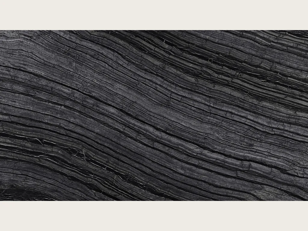 Black Zebrato marble slab: black background with fine, wavy gray stripes running in diagonal