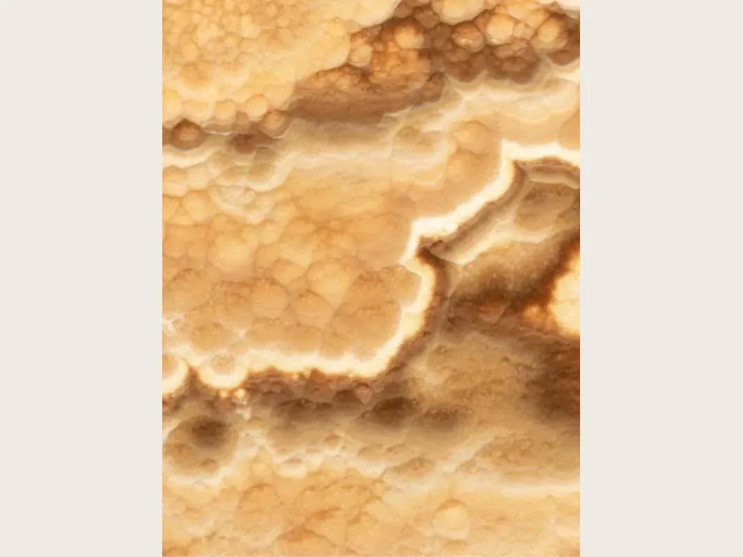 Dark honey onyx slab: amber background with wavy dark brown and cream bands over rounded cells