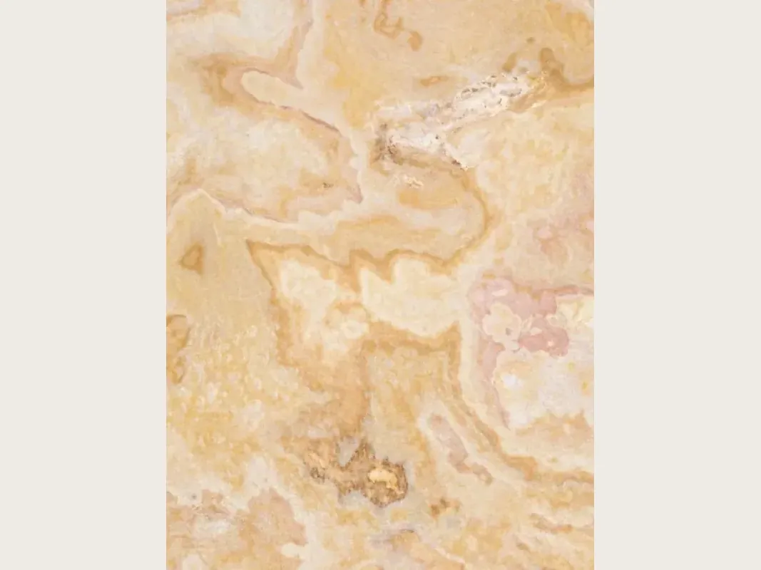 Slab of beige Cappuccino onyx: cream background with winding honey-colored clouds and pink touches
