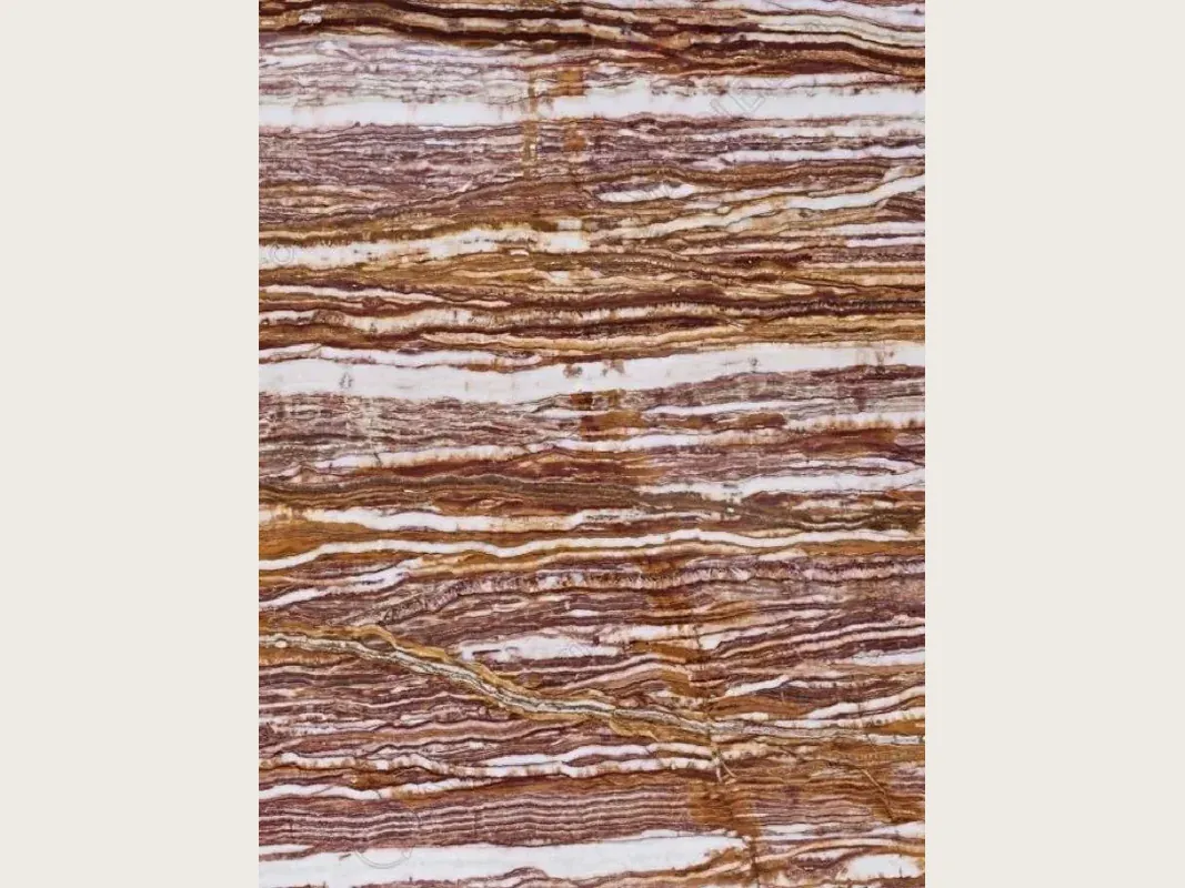 Slab of brown Fantastico onyx: high-contrast parallel horizontal bands of white, reddish and ochre