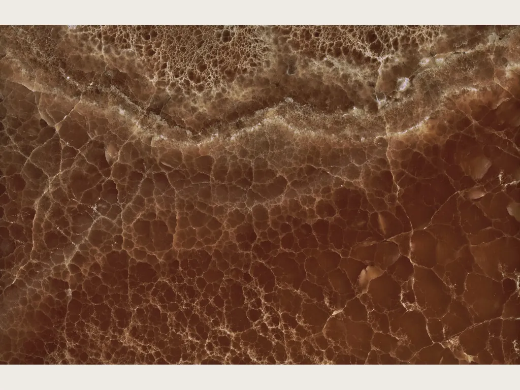 Slab of Brown Onyx: dark reddish brown background with a dense network of fine beige lines