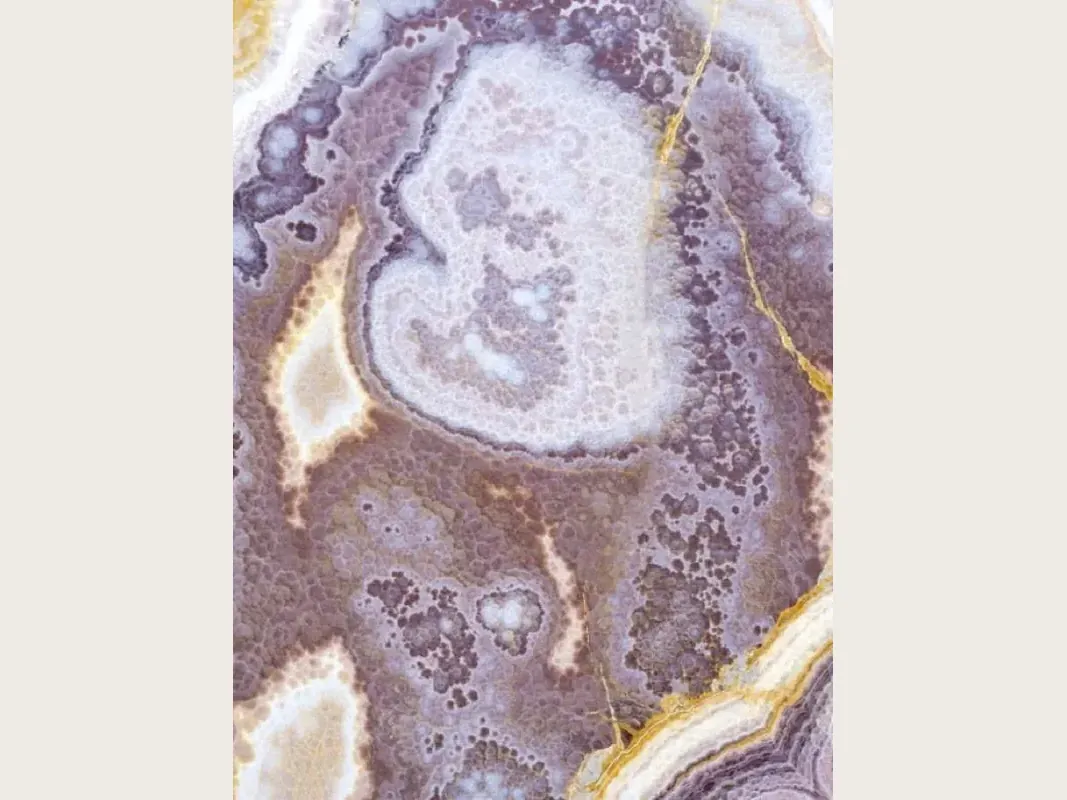 Black onyx slab: grayish violet background with lilac and white areas and fine golden veins
