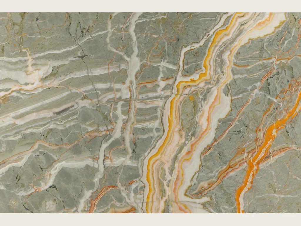 Rainbow onyx slab: gray-green background with orange, yellow and cream veins branching vertically