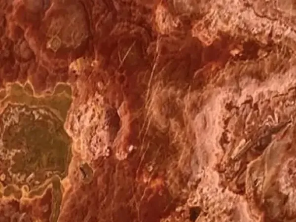 Red Onyx slab: rust-red background with irregular dark red and orange spots and a greenish ochre zone