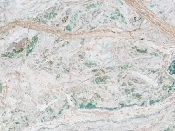 Verde Himalaya onyx slab: greenish white background with wavy dusty pink veins and mint green patches