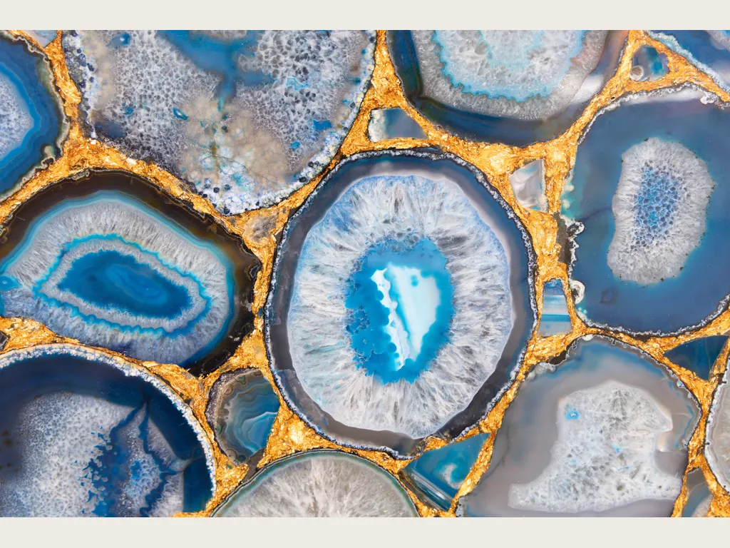 Blue agate with gold leaf slab: large slices joined by thick gold joints