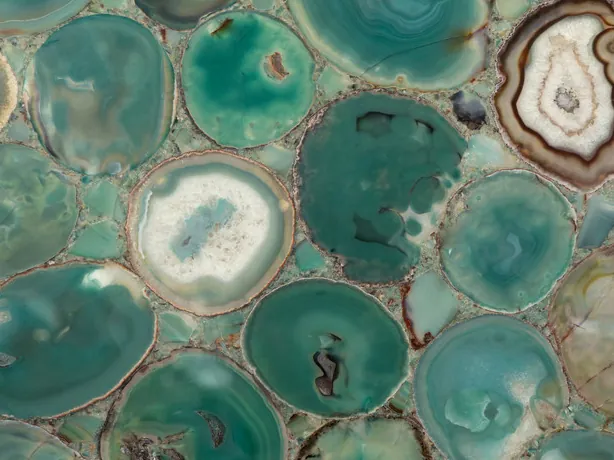 Close-up of green agate: green rings, white centers and the gloss of the polish
