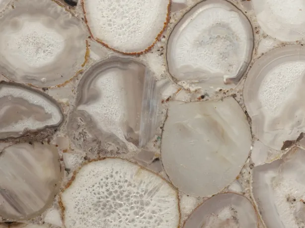 Gray agate detail: the gray rings and white centers of the slices, with the shine of the polish
