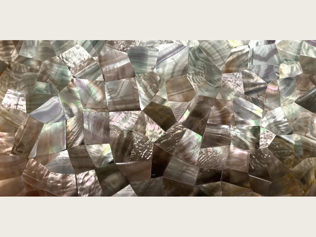 Brown Shell Mother of Pearl slab: a mosaic of taupe-gray and silver pieces with an iridescent sheen