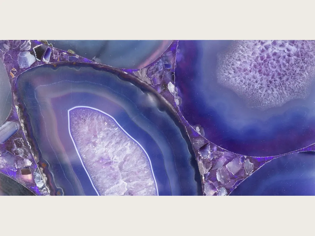Purple Agate slab: mosaic of blue-violet slices with lilac centers