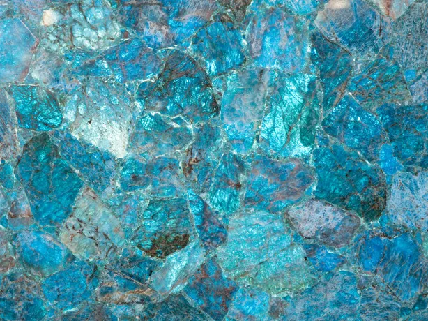 Close-up of Sea Quartz: tightly packed crystalline turquoise and blue fragments