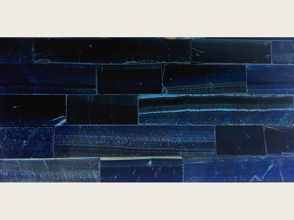 Blue tiger's eye slab: horizontal navy bands with fine flashes