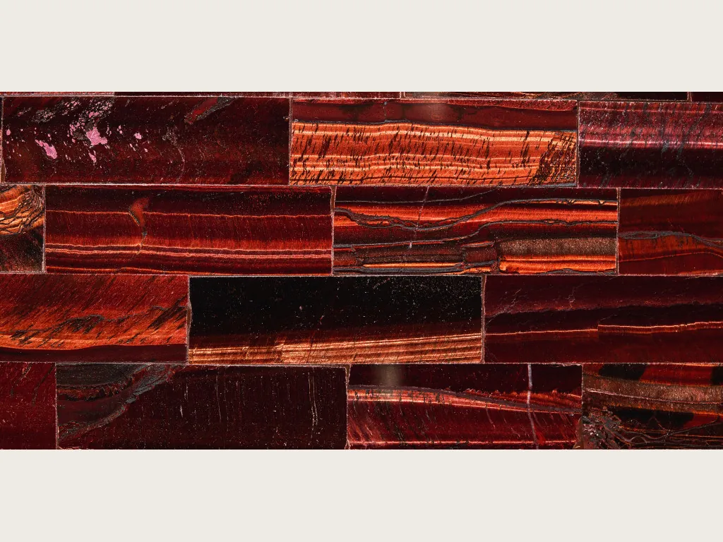 Red tiger's eye slab: horizontal strips with burgundy and copper bands and one black strip