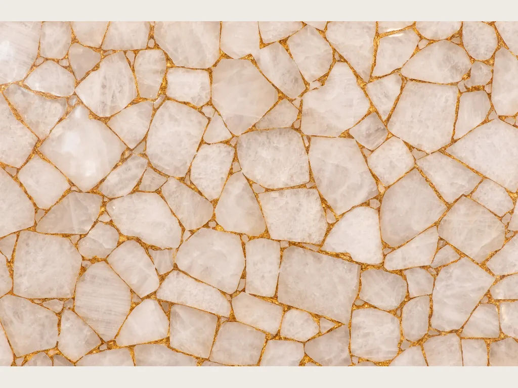 White Quartz with Gold Leaf slab: mosaic of white polygons joined by fine gold joints
