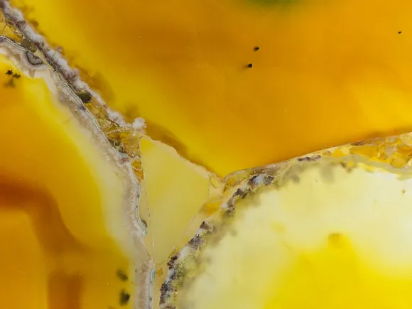Yellow agate detail: yellow and amber bands with a gray crystalline edge