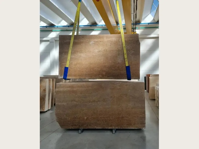 Brown Noce travertine slab: grayish brown with irregular light blotches and visible pores (another slab)