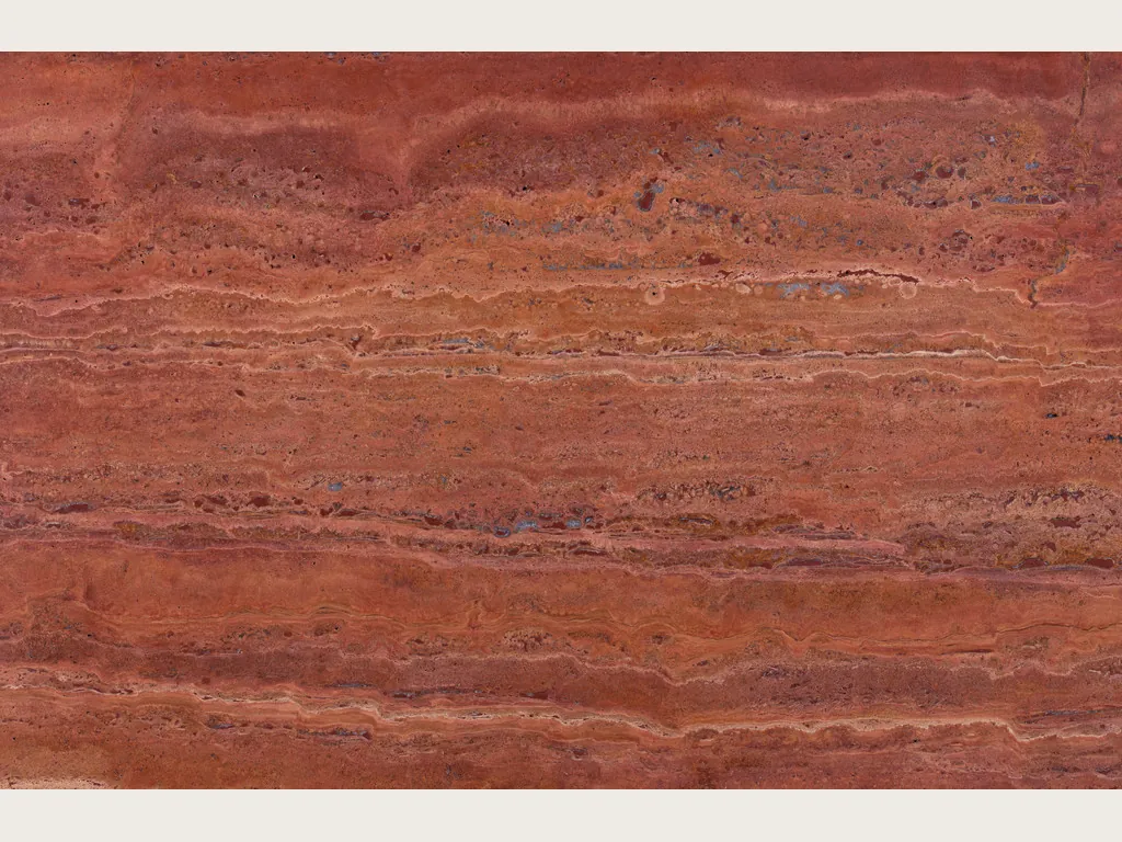 Red travertine slab: parallel horizontal bands in red, orange and cream over an orange-red background (another slab)
