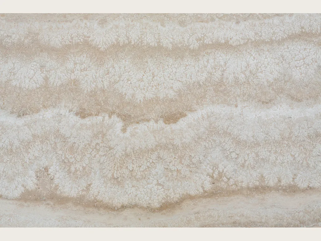 Beige Roman travertine slab: light grayish beige background with open holes in vertical rows (another slab)